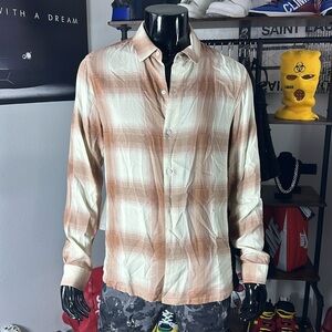 1- Magaschoni light brown cream plaid button up
